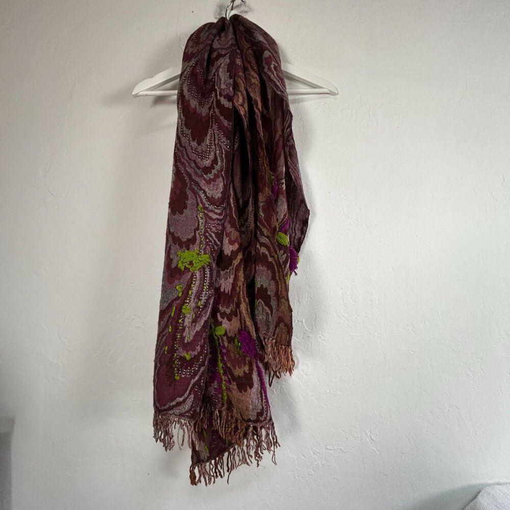 Womens Embroidered Wool Scarf Bohemian Floral Design Multicolor Lightweight Soft
